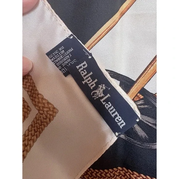 Ralph Lauren Silk Scarf Cream Black Gold Crest Ski Poles Lions Made in Italy 34" - Picture 3 of 4